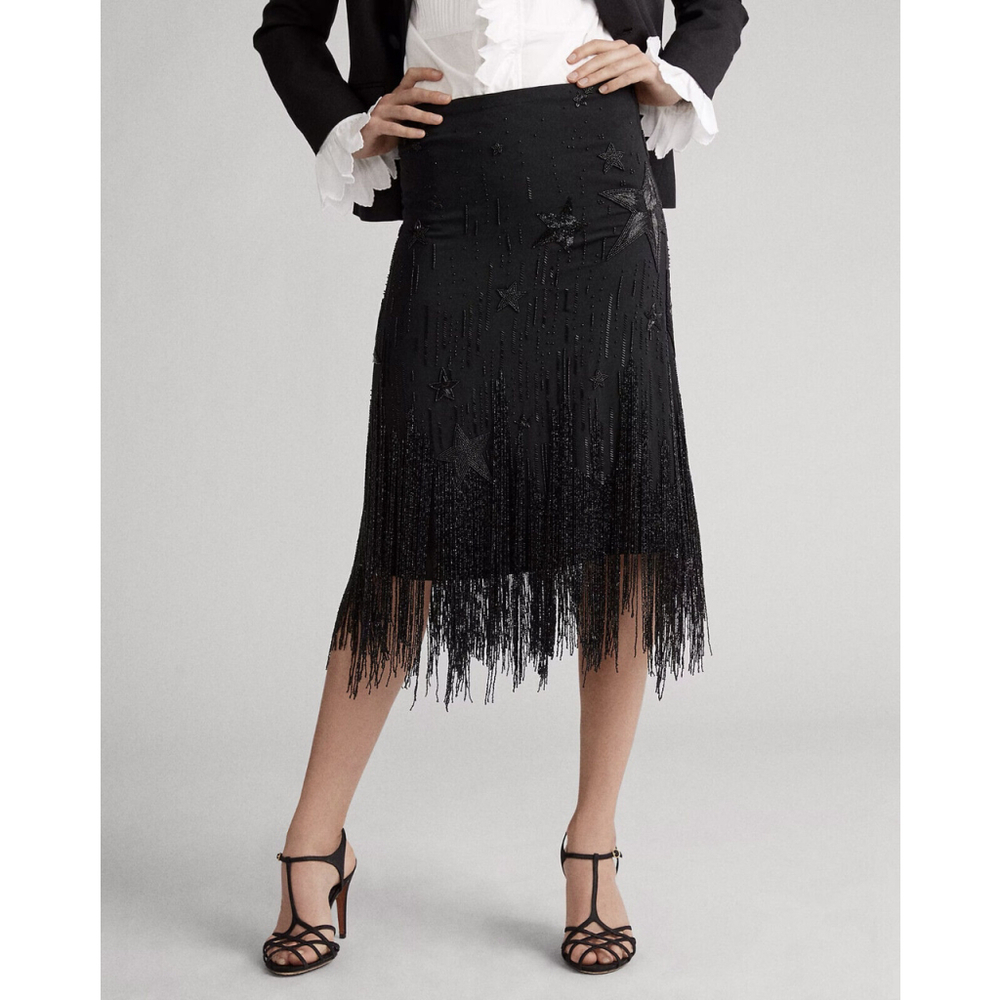 NWT Women's Polo Ralph Lauren Beaded-Fringe Skirt Stars Black $998 - Size 4 (S)
